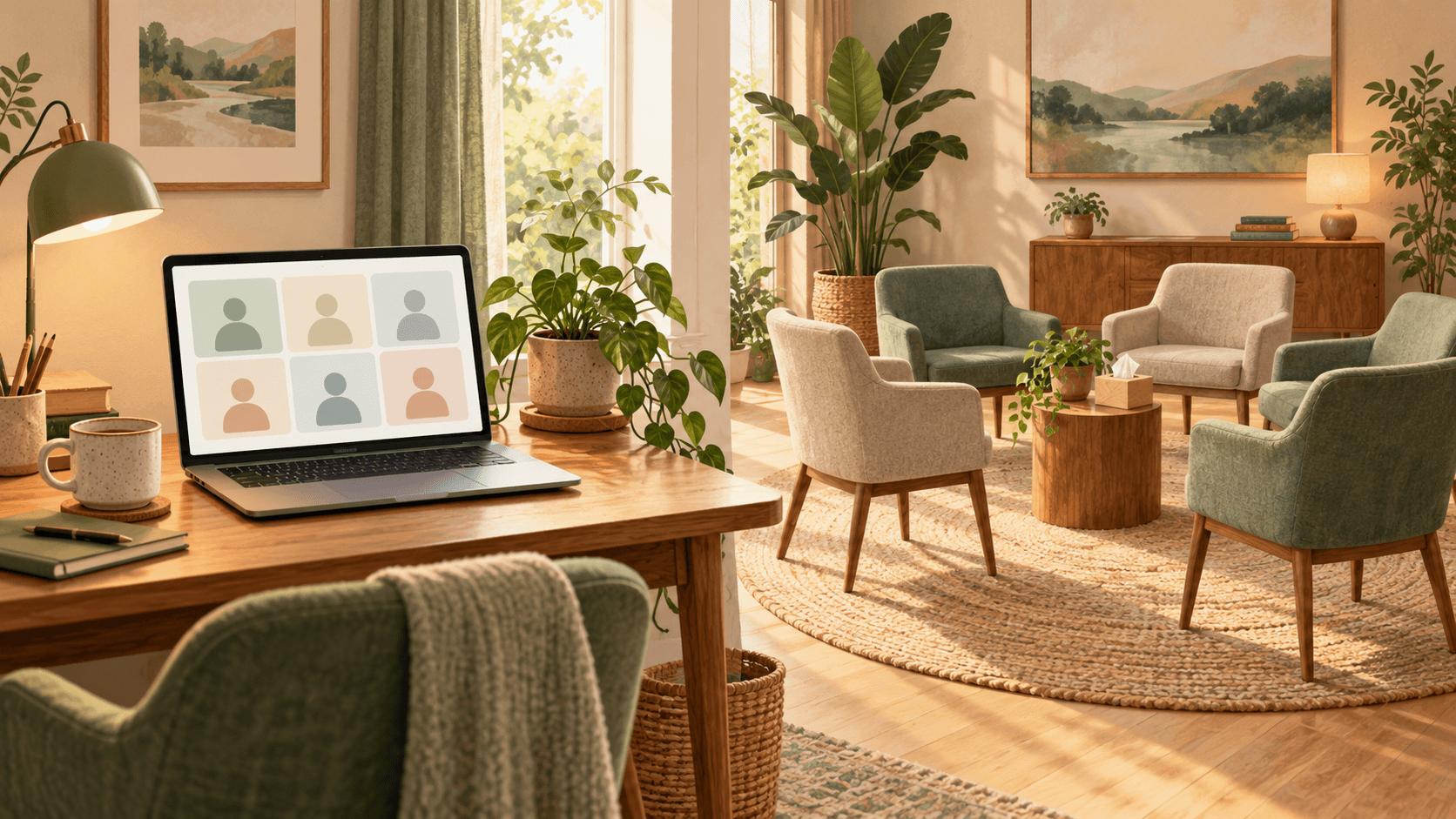 A laptop in a quiet room beside a circle of chairs, representing online and in-person group therapy.