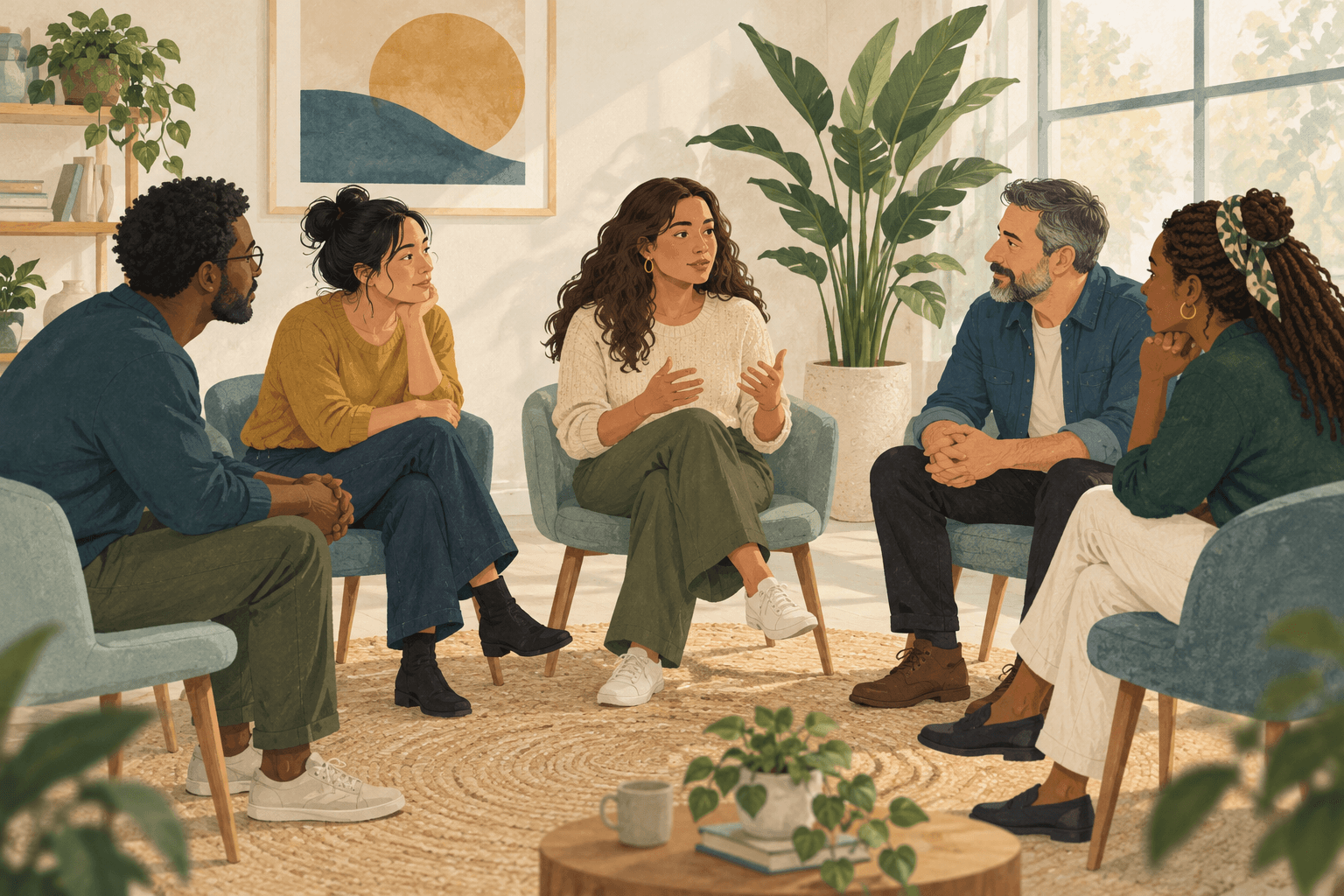 Illustration of five adults seated in a circle, listening as one person speaks in a sunlit room.