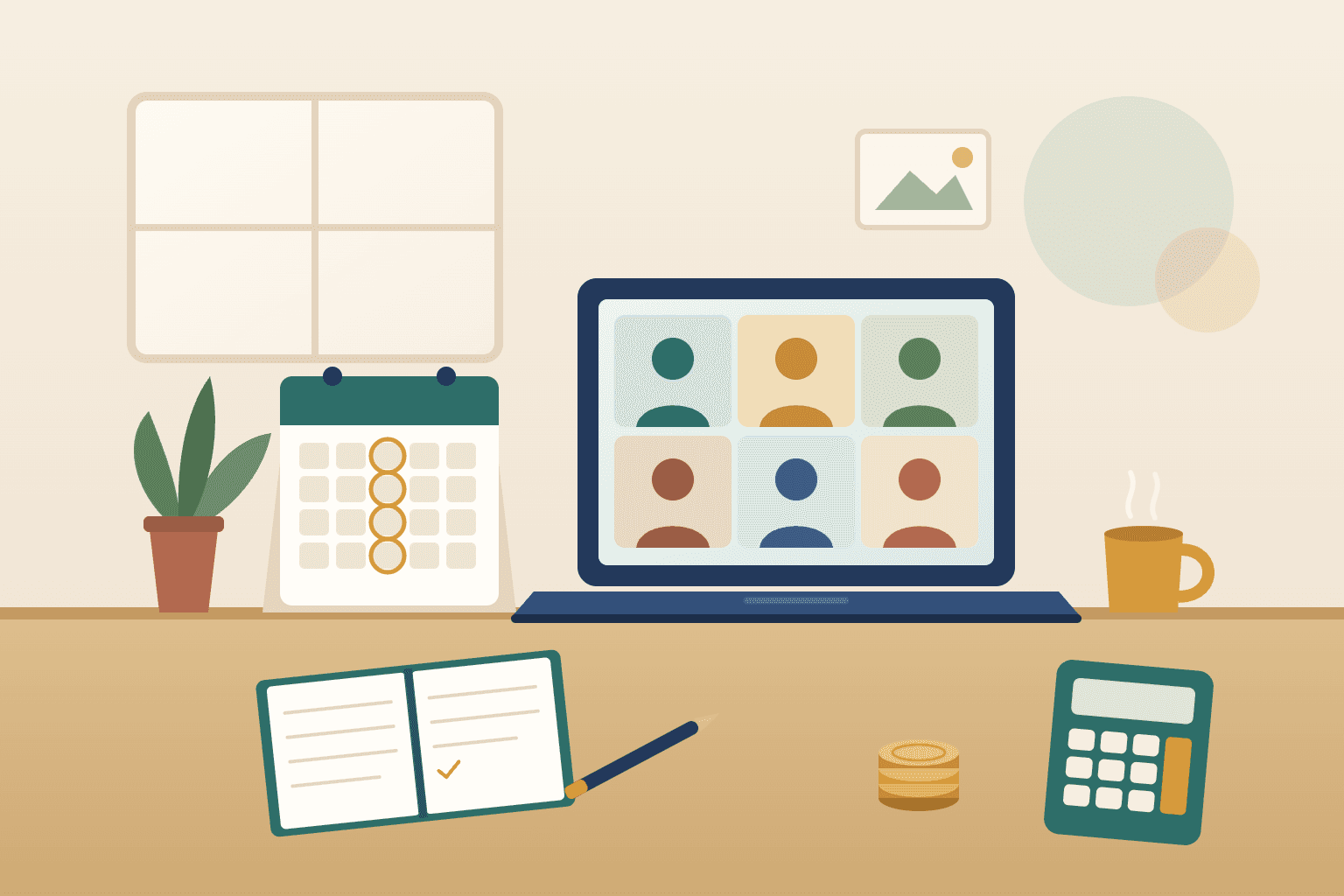 Illustration of a calendar, notes, and a laptop showing an online group on a desk.