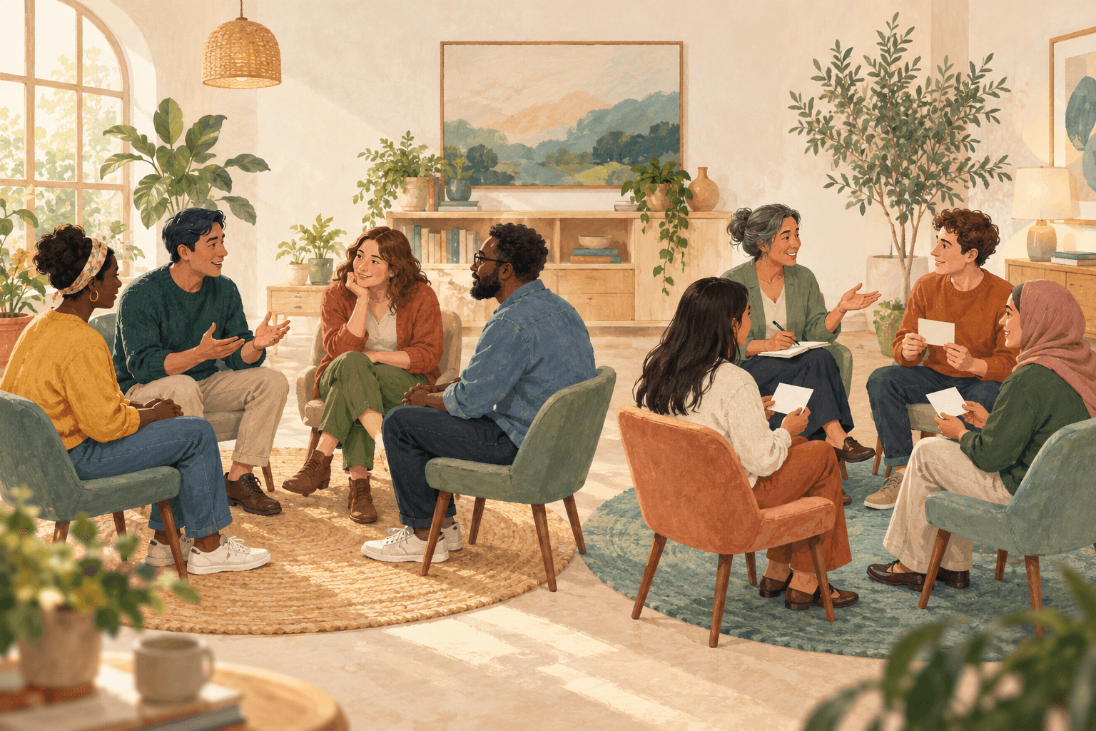 Illustration of adults in a group conversation beside adults practicing communication with a facilitator and cards.