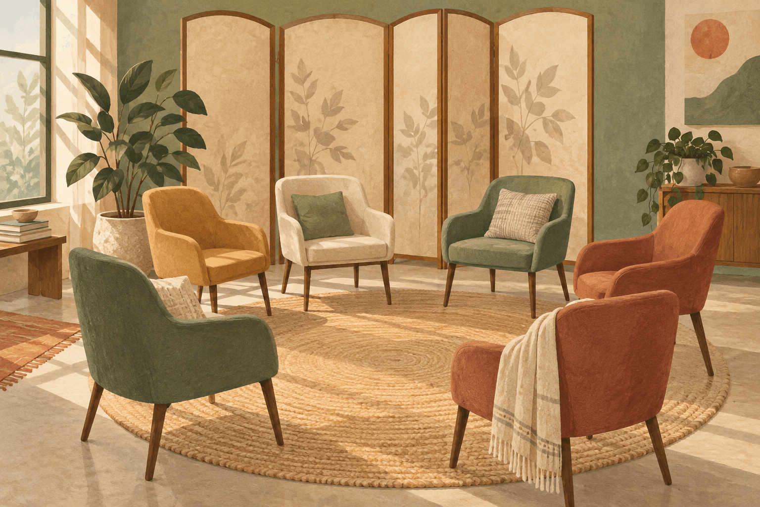 Illustration of six empty chairs arranged in a circle beside a folding privacy screen and plants.