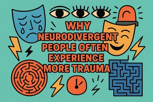 sad mask and happy mask. mazes. Text in image: why neurodivergent people often experience more trauma image.