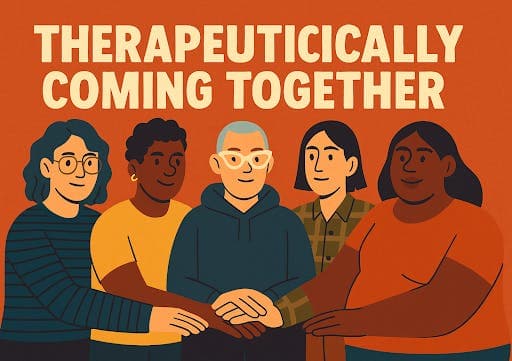 five diverse women in circle with hands on each other hands with text therapeutically coming together