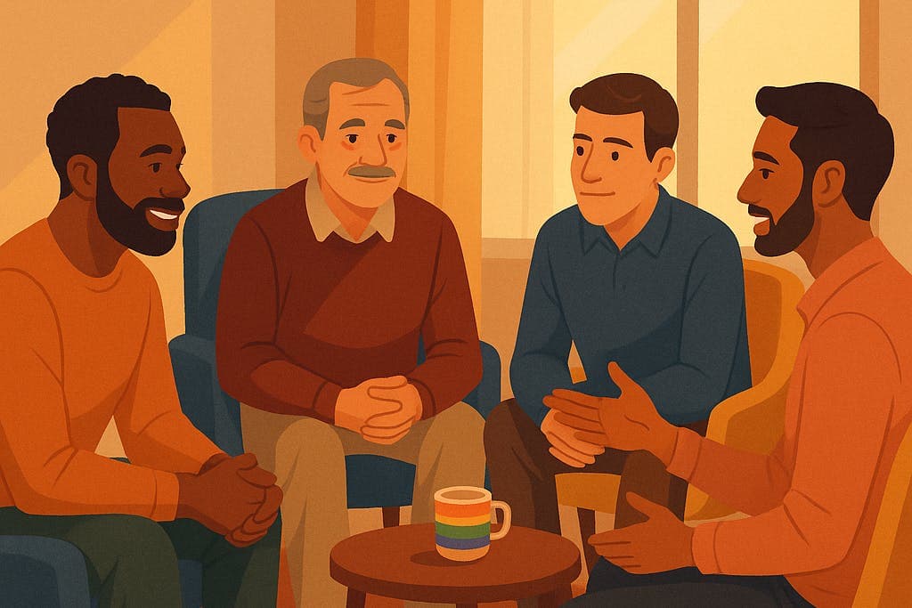Four diverse gay men sit in a supportive circle in a bright, welcoming therapy room with subtle rainbow artwork, engaged in open conversation.