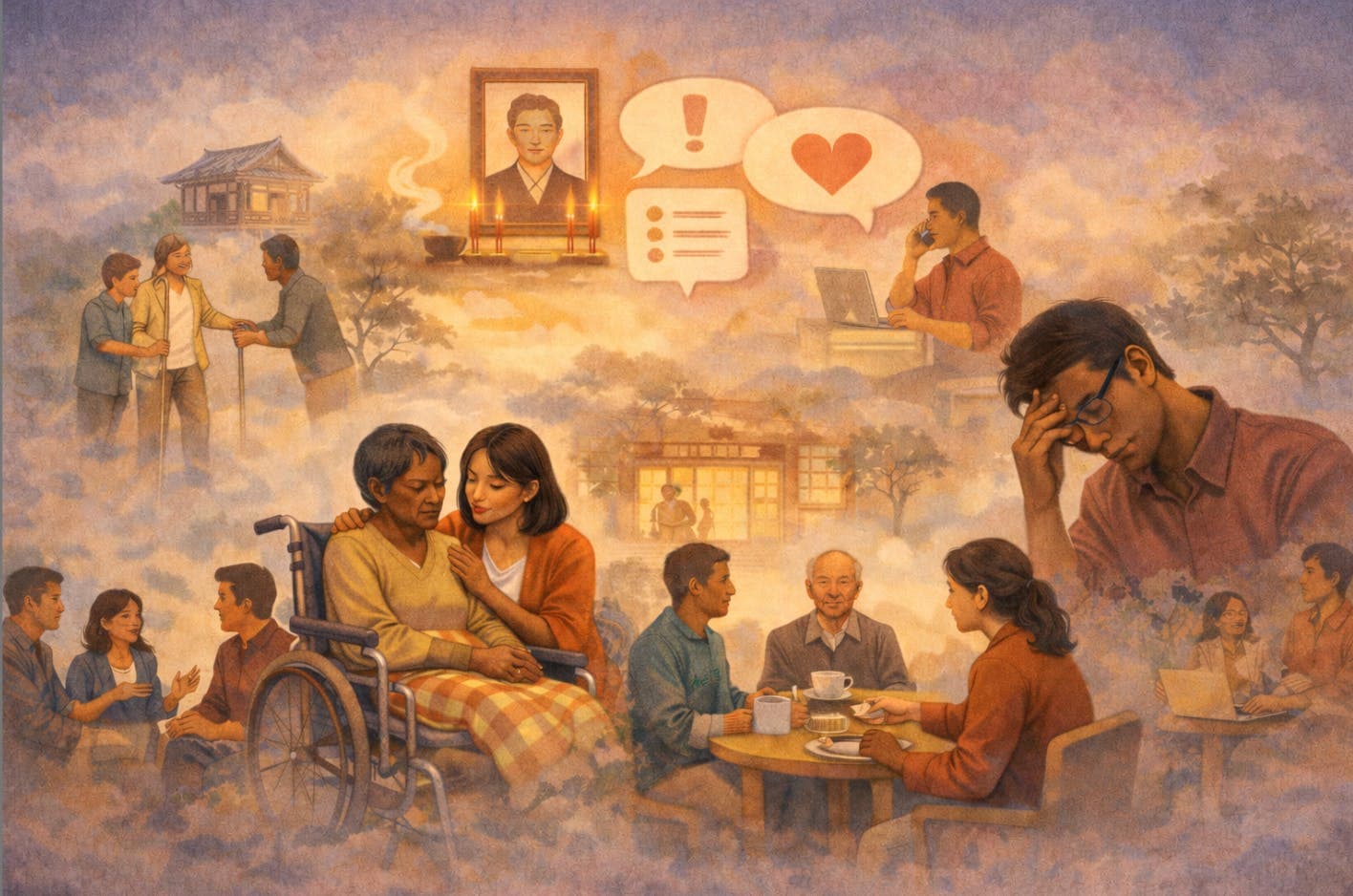 multi-scene elder care. people in wheel chair and person helping talking older people at house. calling on phone with heart emoji