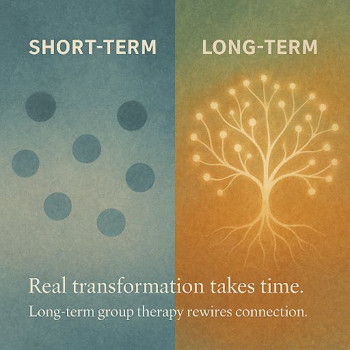 image has two sides. one short-term, one long term.
Short term size has dots. Long term has tree with dots. Text overlay with "real transformation takes time. long term group therapy revives connection