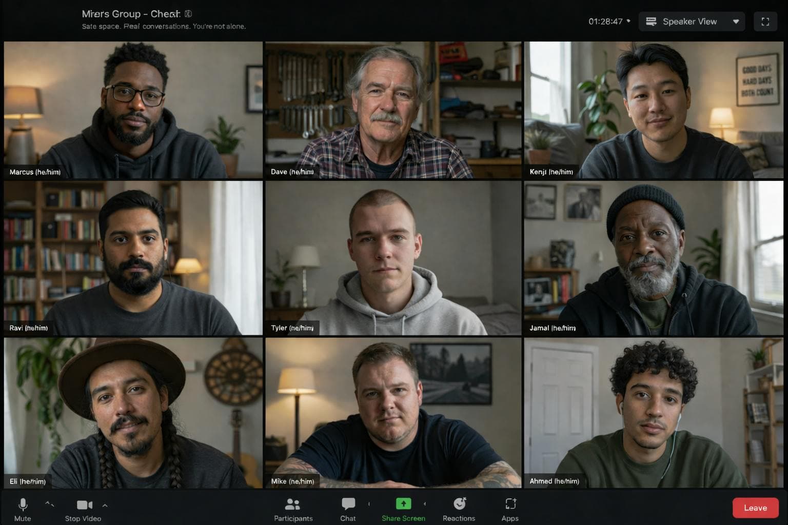's men's group on video call with diverse participants.