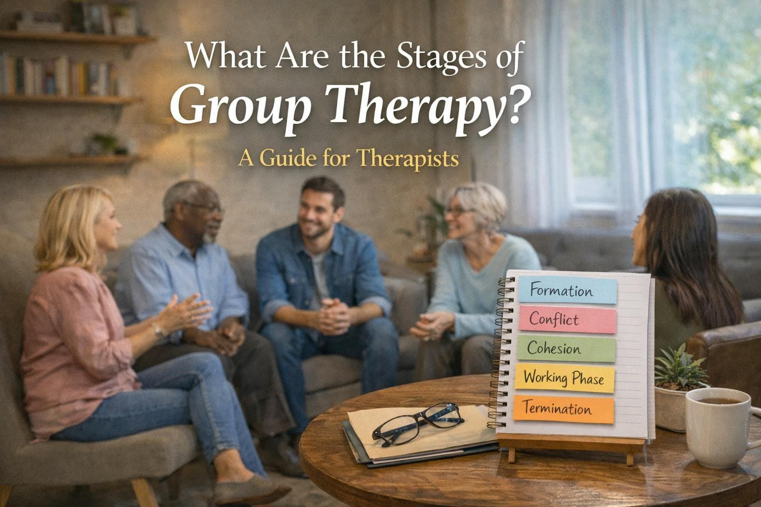5 realistic individuals in group sitting in circle. with text overlay: "what are stages of group therapy a guide for therapists." with note book in front that says "formation, conflict, cohesion, working phase, termination"